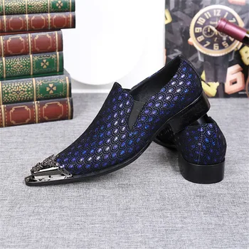 Blue Peacock Tail Print Men Dress Shoes Pointed Toe Wedding Shoes Slip On Creepers Mens Flats Oxfords Chaussure Homme