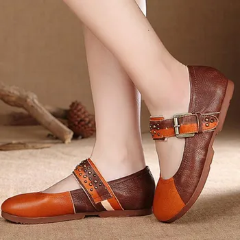 Spring and summer women's shoes personalized color block decoration flat round toe flat heels vintage genuine leather shoes