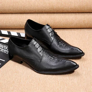Black Empaistic Men Genuine Leather Dress Shoes Pointed Toe Wedding Shoes Lace Up Creepers Mens Flats Oxfords Chaussure Homme