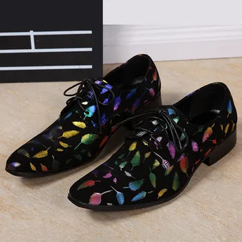 Leaves Print Mens Wedding Dress Shoes Real Leather Men Business Leather Shoes Creepers Lace Up Flats Chaussure Homme