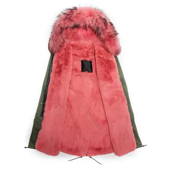 Long style parka winter jacket watermelon red lined & hooded parka fur jacket
