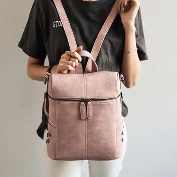 Simple Style Backpack Women PU Leather Backpacks For Teenage Girls School Bags Fashion Vintage Solid Shoulder Bag Pink