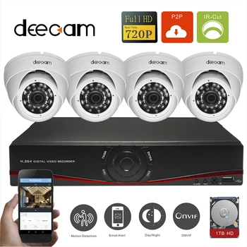 Deecam 4CH Dome 720P IP Camera CCTV Security System Network Security Camera Surveillance Outdoor IP Camera P2P with 1T HDD