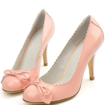 Women Closed Round Toe Bow-Knot Leaf comfortable Fashion full genuine leather high heels Party Bridal Shoes Lady Pumps Pink/Red