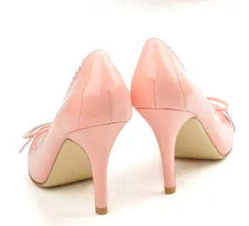 Women Closed Round Toe Bow-Knot Leaf comfortable Fashion full genuine leather high heels Party Bridal Shoes Lady Pumps Pink/Red