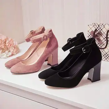 2017 women pumps round toe high heels ankle strap genuine leather shallow office lady wedding buckle shoes network reds shoes 32