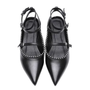 2017 New Fashion Brand Spring Shoes Metal Decoration Flat Pointed Toe Genuine Leather Elegant Shallow Ankle Strap Women Shoes 12