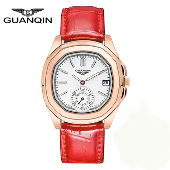 Fashion casual Latest style rose gold frame Watches women Luxury brand GUANQIN genuine Leather strap quartz WristWatch