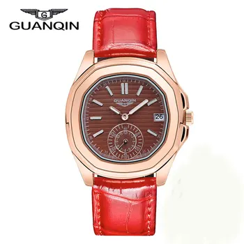 Fashion casual Latest style rose gold frame Watches women Luxury brand GUANQIN genuine Leather strap quartz WristWatch