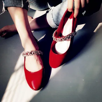 New women red pumps low-heel crystal bling rhinestone round toe sweet princess style solid causal work shoes fashion pregnant