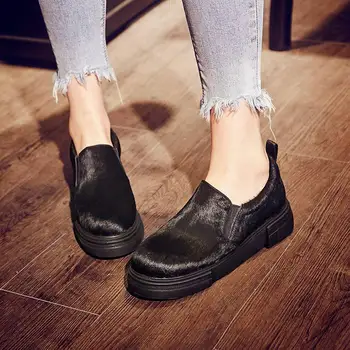 2017 New fashion women brand shoes genuine leather horse hair round toe handsome style med heels women pumps thick heel shoes