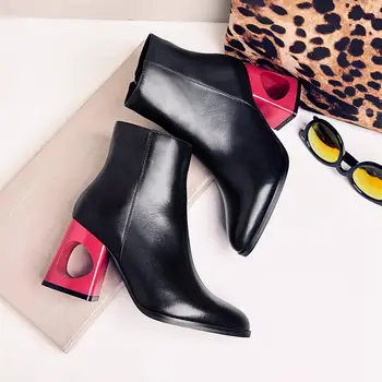 New fashion brand winter shoes strange style real leather high heel warm sweet women ankle boots thick heel causal nude boots