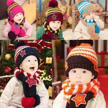 Fashion New Acrylic Baby Boy Girl Children Crochet Knit Winter hat with scarf/set Beanie Cap  5 colors Y1