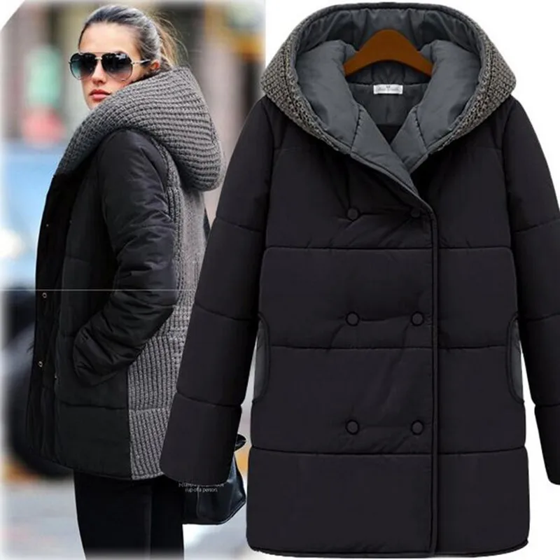 Winter Knitted Patchwork Coat Women Plus Size Black Beige Warm Hooded Thicken Zipper Jacket Coats Manteau Femme S-3XL