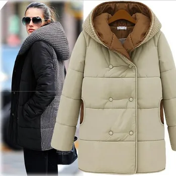Winter Knitted Patchwork Coat Women Plus Size Black Beige Warm Hooded Thicken Zipper Jacket Coats Manteau Femme S-3XL