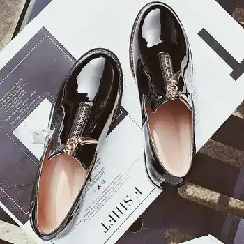 2017 New round toe genuine leather solid colors metal decoration zipper European style low heel brand shoes handmade pumps 66