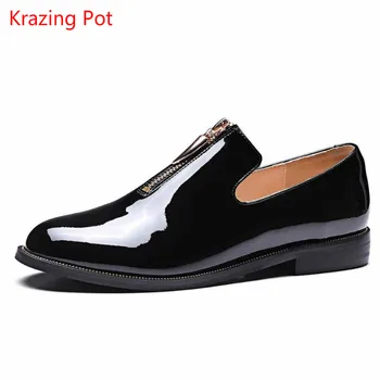 2017 New Genuine Leather Round Toe Solid Loafers Metal Decoration Zipper European Style Low Heel Brand Shoes Handmade Pumps 66