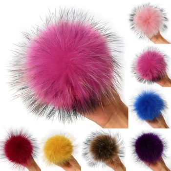 10X Winter Hat's Fur Pompoms Real Nature Raccoon Fur Ball Chain with Button Hat Gloves Bag Fox Fur Pompoms Accessorie Keychain