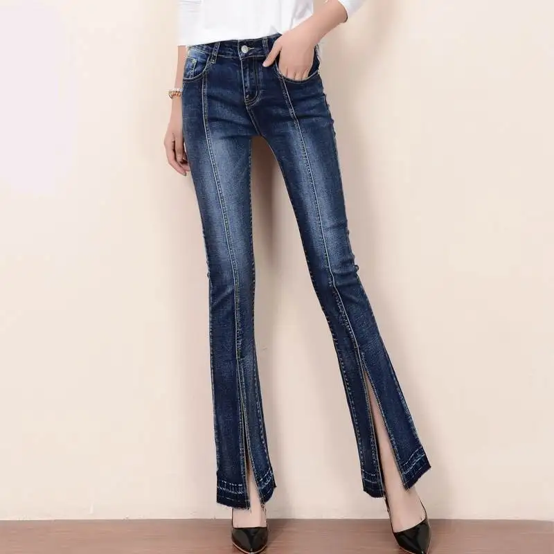 Female High Waist Skinny Flare Jeans with Slit on the Bottom Dark Blue Woman Trousers