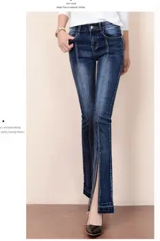 Female High Waist Skinny Flare Jeans with Slit on the Bottom Dark Blue Woman Trousers