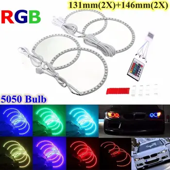 2x146mm+2x131mm RGB LED Angel Eyes Halo Ring Headlight 12V SMD 5050 36LED With Remote Controller For BMW E46 3 5 7 Series