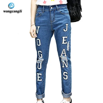 2017 summer Brand New High Waist letter Jeans Women Designer American Apparel Loose Jeans Female blue XL-5XL Jeans for Woman