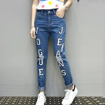 2017 summer Brand New High Waist letter Jeans Women Designer American Apparel Loose Jeans Female blue XL-5XL Jeans for Woman