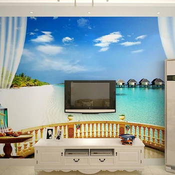 Large mural living room bedroom TV background wallpaper 3D three-dimensional film and television wall blue Aegean Sea