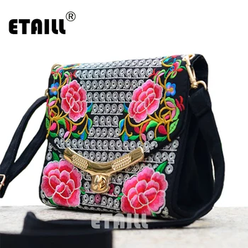 Lady Vintage Embroidered Shoulder Bags Women's Handmade Boho Hobo Hmong Ethnic Cute Flowers Embroidery Women Small Shoppers Bags