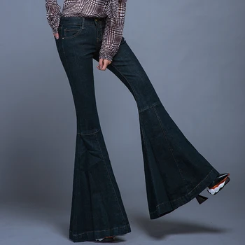 Unique Design Fish Mouth Big Flared Jeans Female Super Slim Fish Tail Flared Jeans Wide Leg Denim Pants