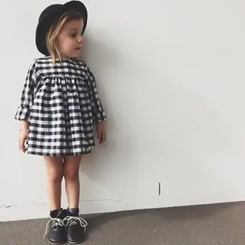 2017 Kids New Spring Winter Long-sleeve Dress Classic Black And White Plaid Dress Baby Girl