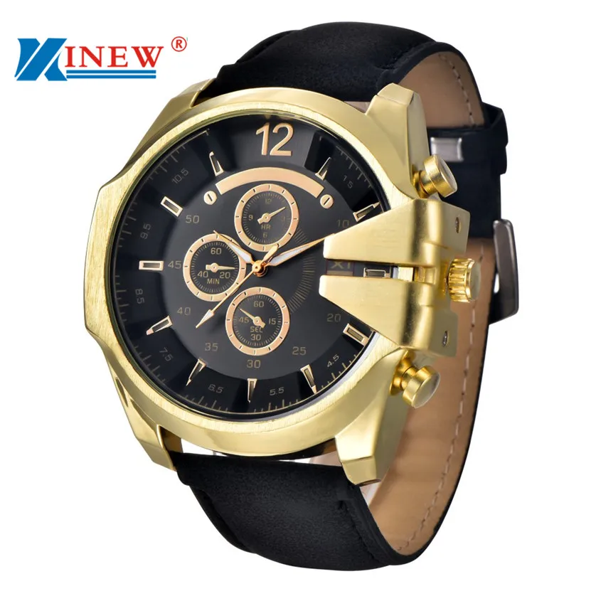 XINEW Brand New Men's Black Watches Leather Stainless Steel Quartz Military Wrist Watch Sport July7