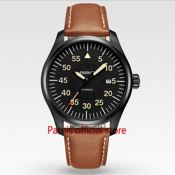 New 44mm Parnis Watch Men Sport Automatic Mechanical Wristwatch Black Pvd Case Yellow Number