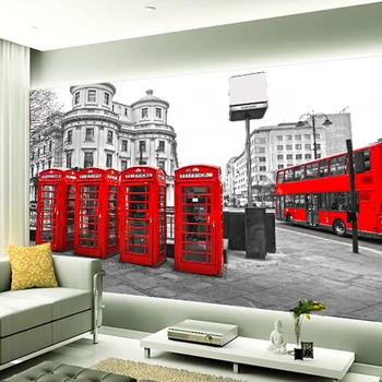 Modern Red Phone Booth Bus Landscape Mural 3D Stereo Non-woven Moisture Photo Wallpaper Dining Room Cafe Home Decor Wall Papers