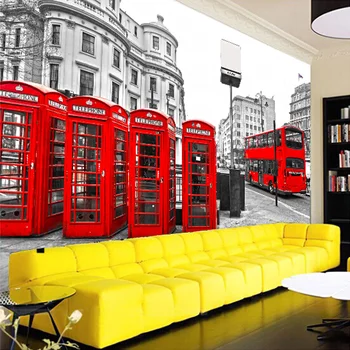 Modern Red Phone Booth Bus Landscape Mural 3D Stereo Non-woven Moisture Photo Wallpaper Dining Room Cafe Home Decor Wall Papers
