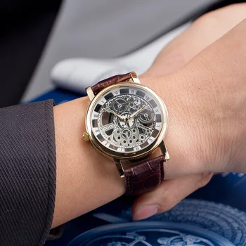 New Fashion Gold Silver Leather Hollow Dial Quartz Dress Wrist Watch Clock for Men Male Black White Brown OP001