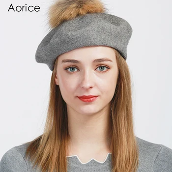 Aorice Winter Hat Solid Knitting Beanies Drawing Artist Cap With Hair Ball Detachable Women Hat Pompom Female Causal Hats HK706