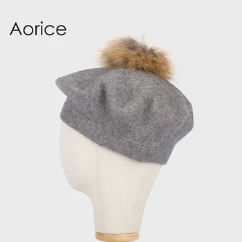 Aorice Winter Hat Solid Knitting Beanies Drawing Artist Cap With Hair Ball Detachable Women Hat Pompom Female Causal Hats HK706