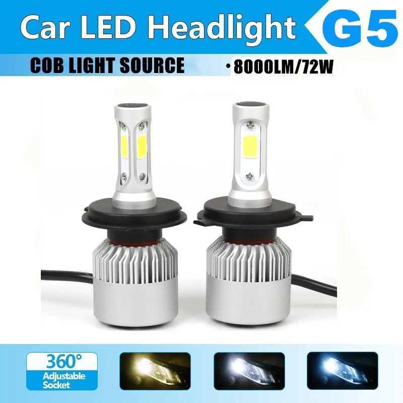 2pcs H1 H3 H4 H7 H8 H9 H11 H13 9004 9005 9006 9007 COB LED Car Headlight Bulb Hi-Lo Beam 72W 8000LM 6500K Auto Headlamp 12v 24v