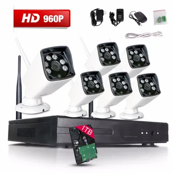 Wireless Wifi 6Pcs 960P HD IR Night Vision Home weatherproof Security Camera 8CH 1TB HDD NVR network CCTV System