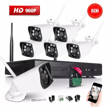 Wireless Wifi 6Pcs 960P HD IR Night Vision Home weatherproof Security Camera 8CH 1TB HDD NVR network CCTV System