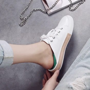 OUQINVSHEN White Two wear style Women Flats Shallow Casual Lace platform Natural leather Lace-Up Round Toe Woman Loafers Rubber