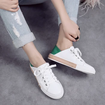 OUQINVSHEN White Two wear style Women Flats Shallow Casual Lace platform Natural leather Lace-Up Round Toe Woman Loafers Rubber