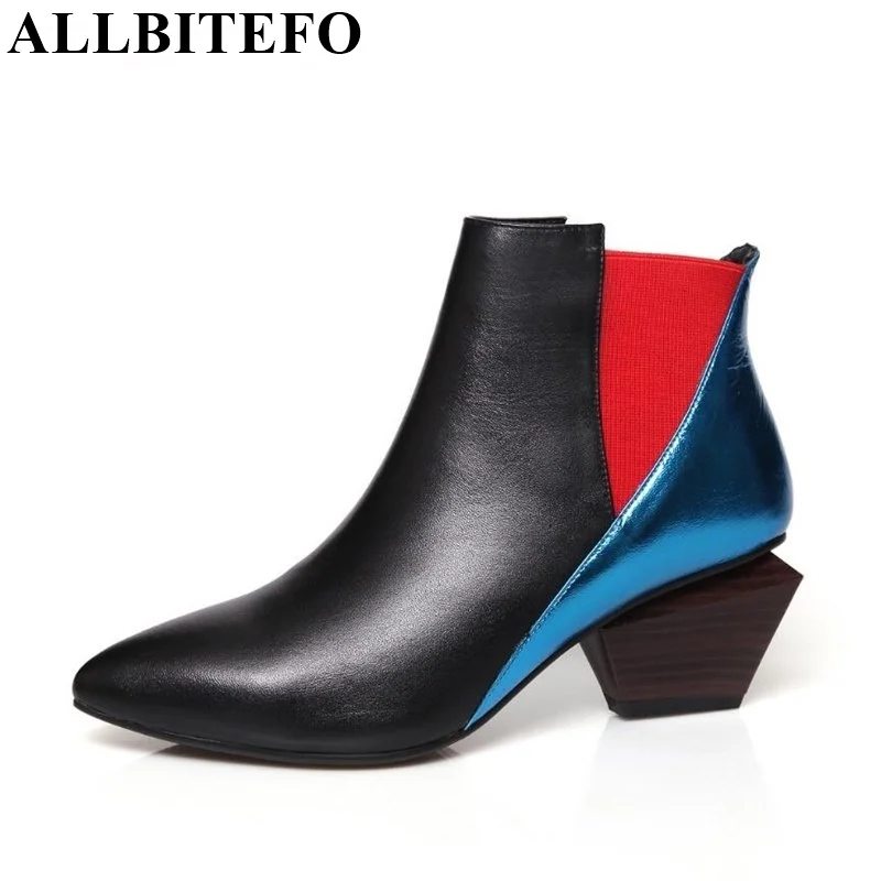 ALLBITEFO Mixed colord fashion genuine leather pointed toe thick heel women pumps 2016 ladies sexy high heel shoes for woman