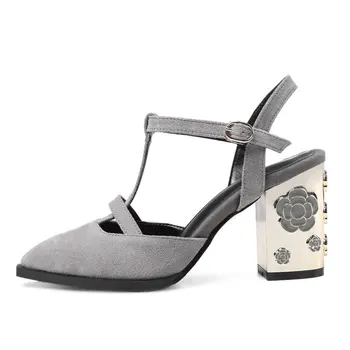 ALLBITEFO Hollow heel design genuine leather thick heel women sandals pointed toe high heels t-strap summer sandals size:34-43