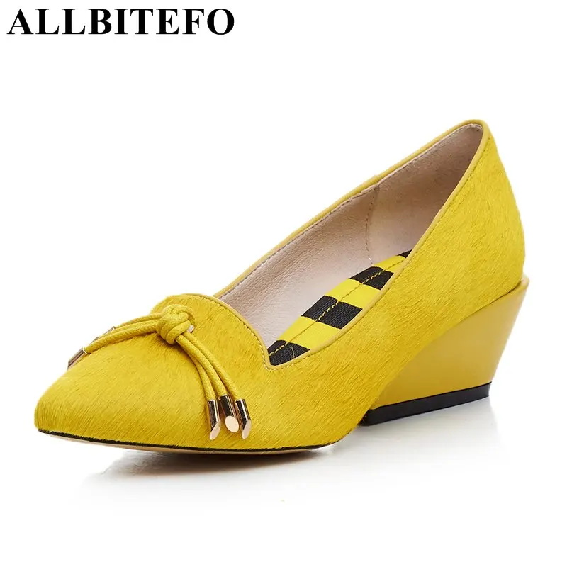 ALLBITEFO fashion brand real Horsehair+genuine leather medium heel women pumps pointed toe thick heel office ladies shoes