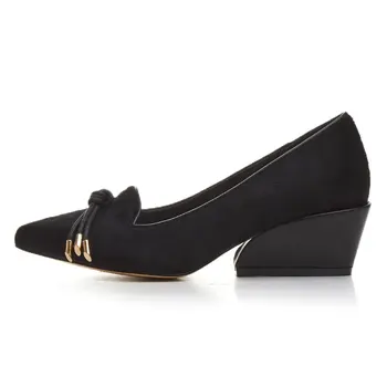 ALLBITEFO fashion brand real Horsehair+genuine leather medium heel women pumps pointed toe thick heel office ladies shoes