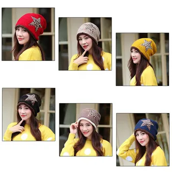 Fashion Women Star Winter Plus Velvet Warm Knitted Wool Hat Ski Cap Oc31