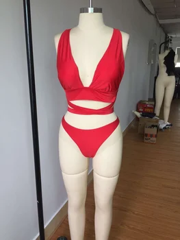 Plus Size XXL Bikini Swimwear 2017 Womens Sexy Swimsuit Thong Red Bandage 2 Piece Red Swim Suit Beach Wear
