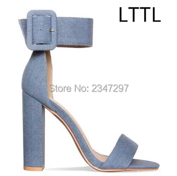 LTTL New Style Big Buckle Ankle Strap Blue Denim Women Sandals Sexy Block Heels Women Dress Shoes Open Toe High Heels Pumps